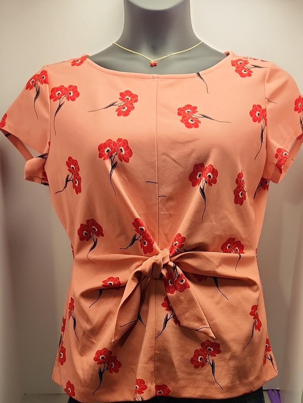 Ann Taylor Factory Peach Floral Short-Sleeve Blouse with Front Knot